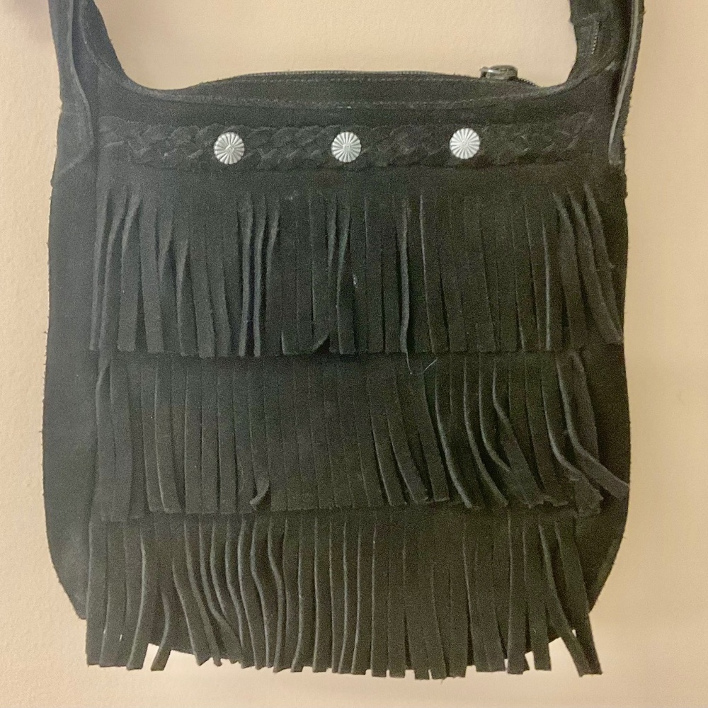 Minnetonka Black Leather Fringe Cross Body Purse Bag Sachel Handbag